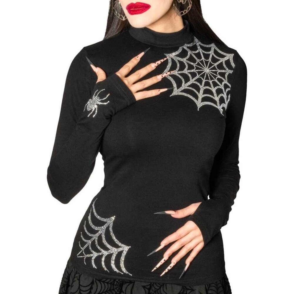 Spiderweb Silver Sparkle Long Sleeve Black Top Thumb Holes S-M-L-XL-2XL-3XL
